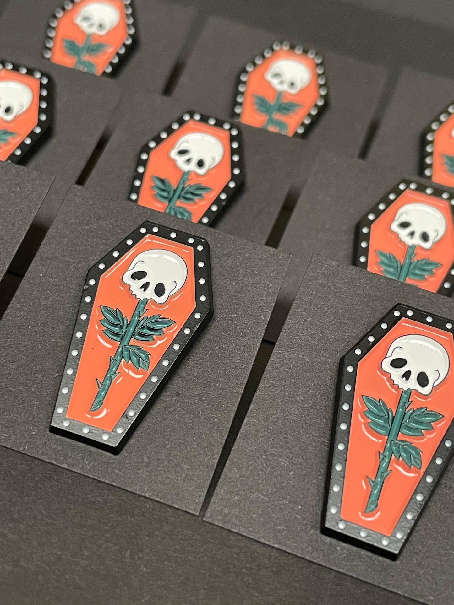 Skull Rose Coffin Pin Badge