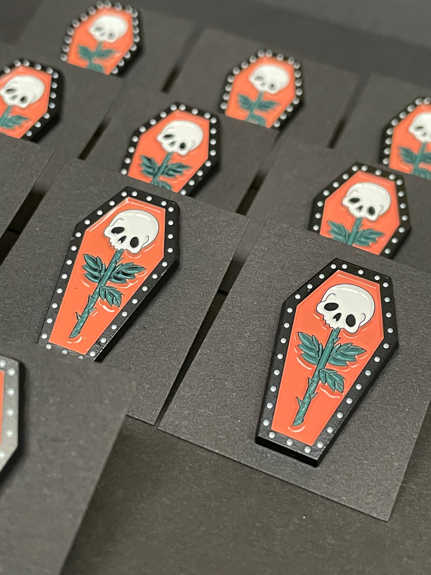 Skull Rose Coffin Pin Badge