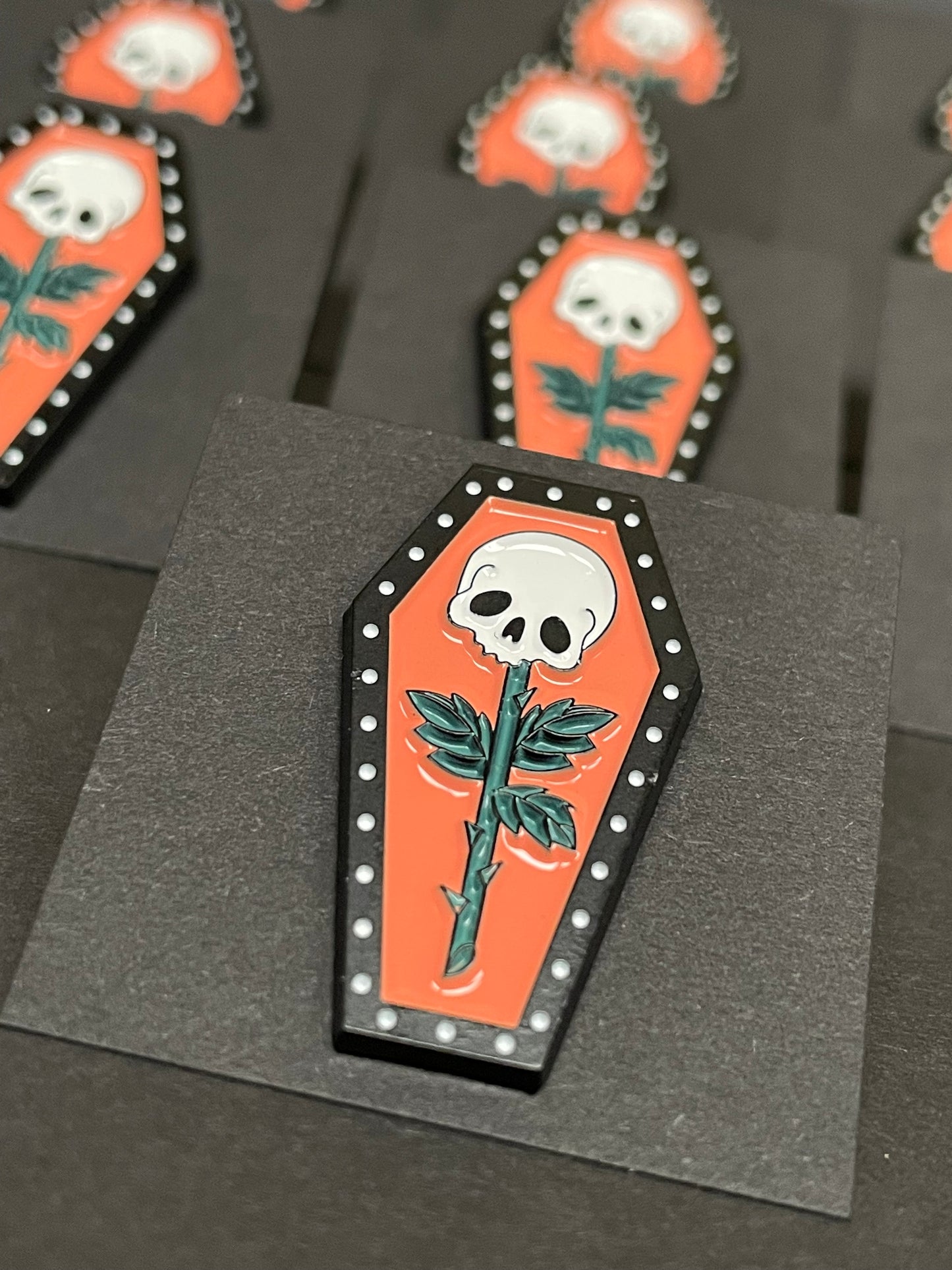 Skull Rose Coffin Pin Badge