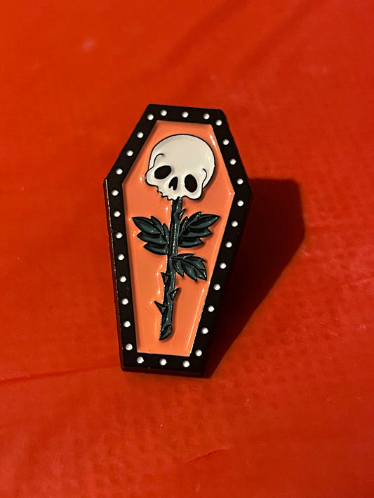 Skull Rose Coffin Pin Badge