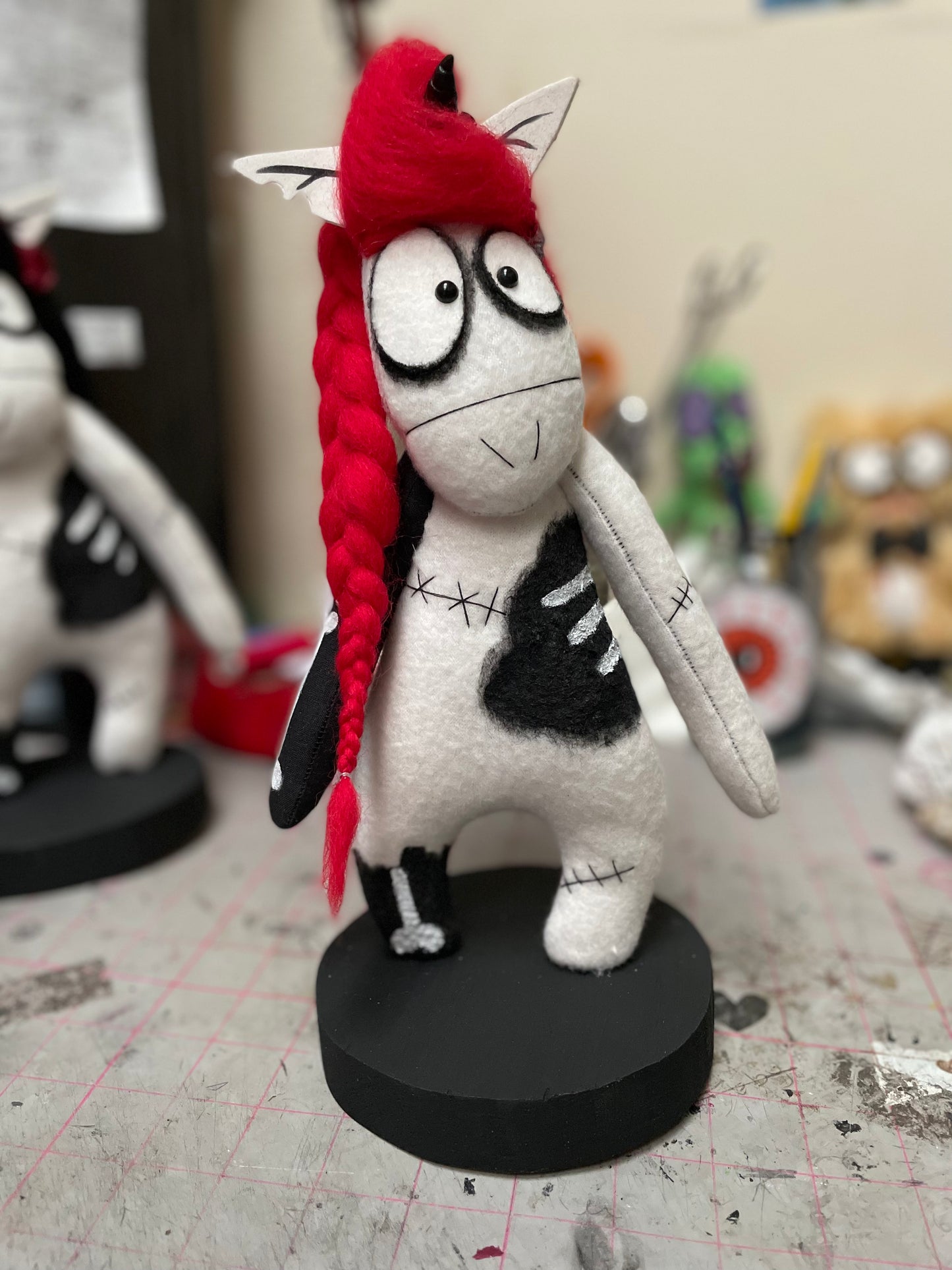 Red and Black Haired Zombie Unicorn Art Doll