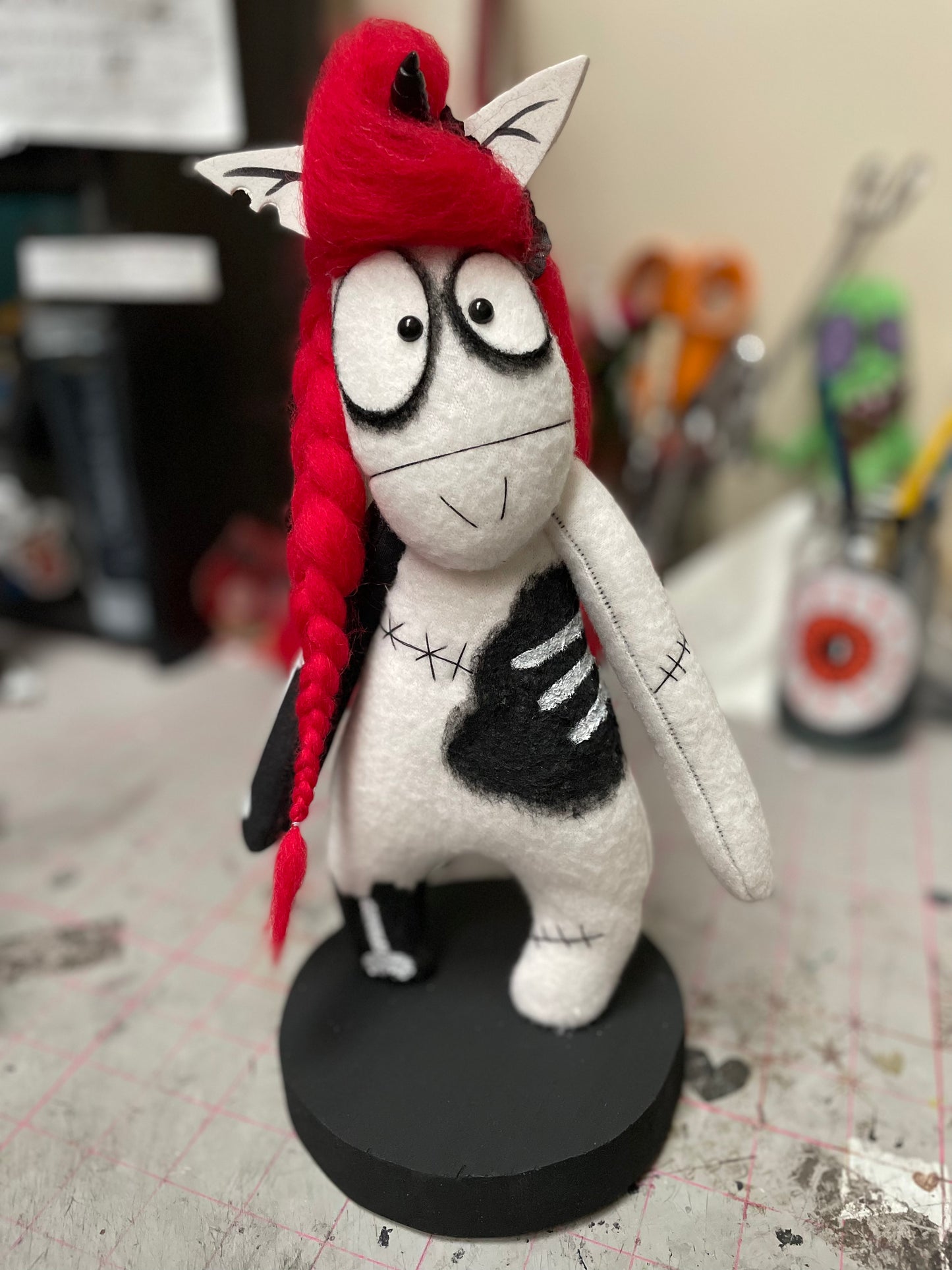 Red and Black Haired Zombie Unicorn Art Doll