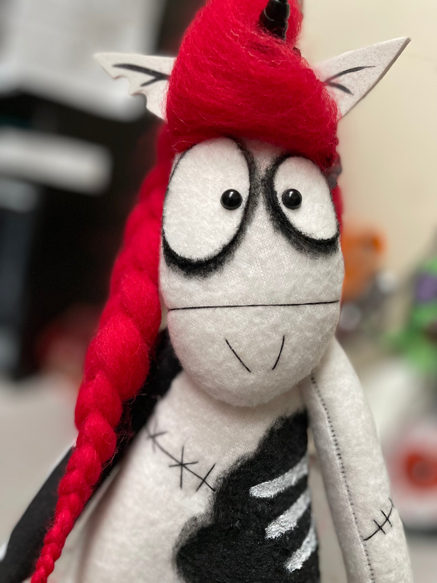 Red and Black Haired Zombie Unicorn Art Doll