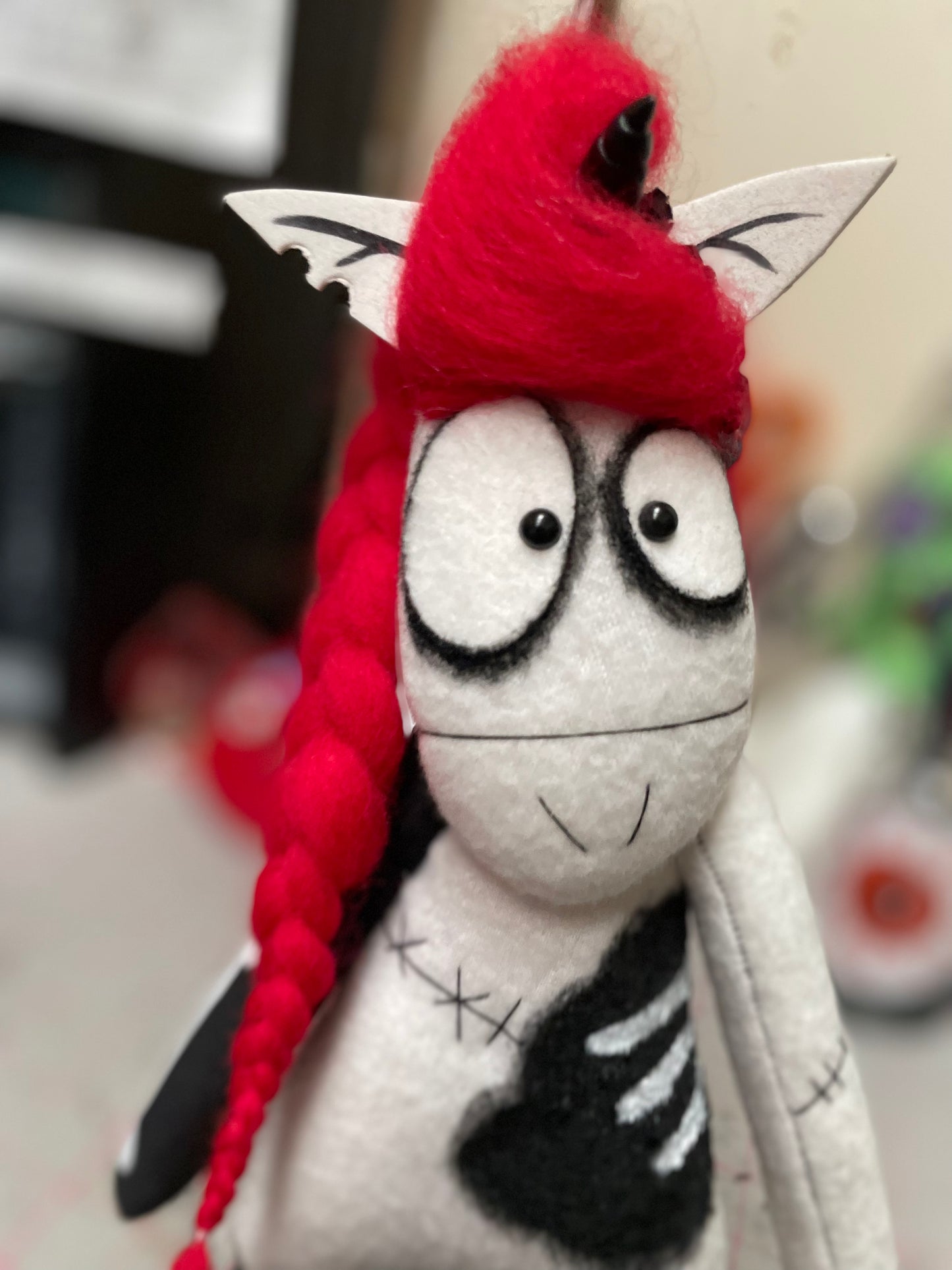 Red and Black Haired Zombie Unicorn Art Doll
