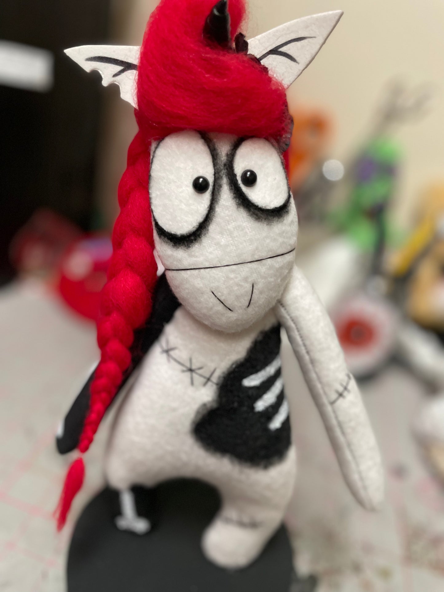Red and Black Haired Zombie Unicorn Art Doll