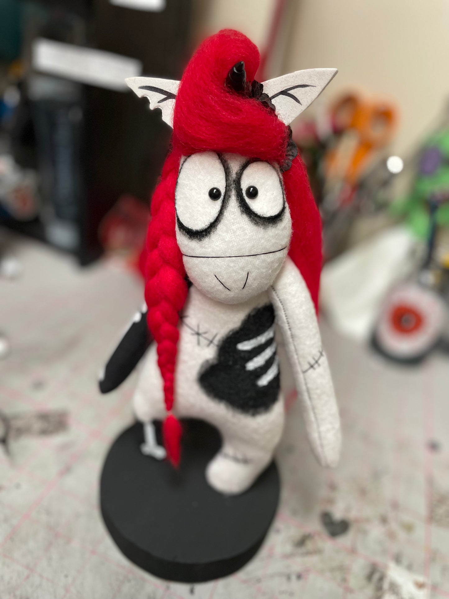 Red and Black Haired Zombie Unicorn Art Doll