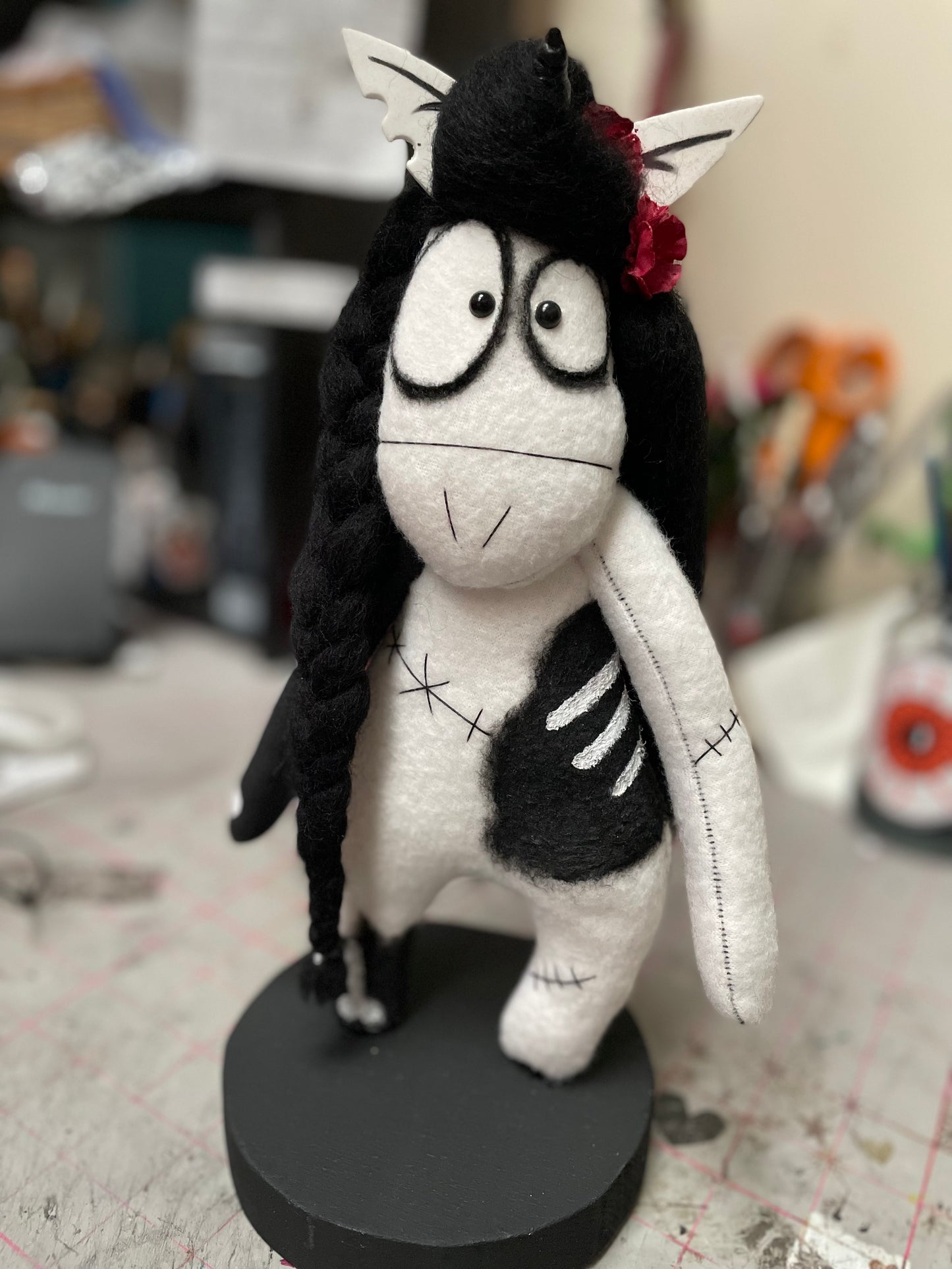 Red and Black Haired Zombie Unicorn Art Doll