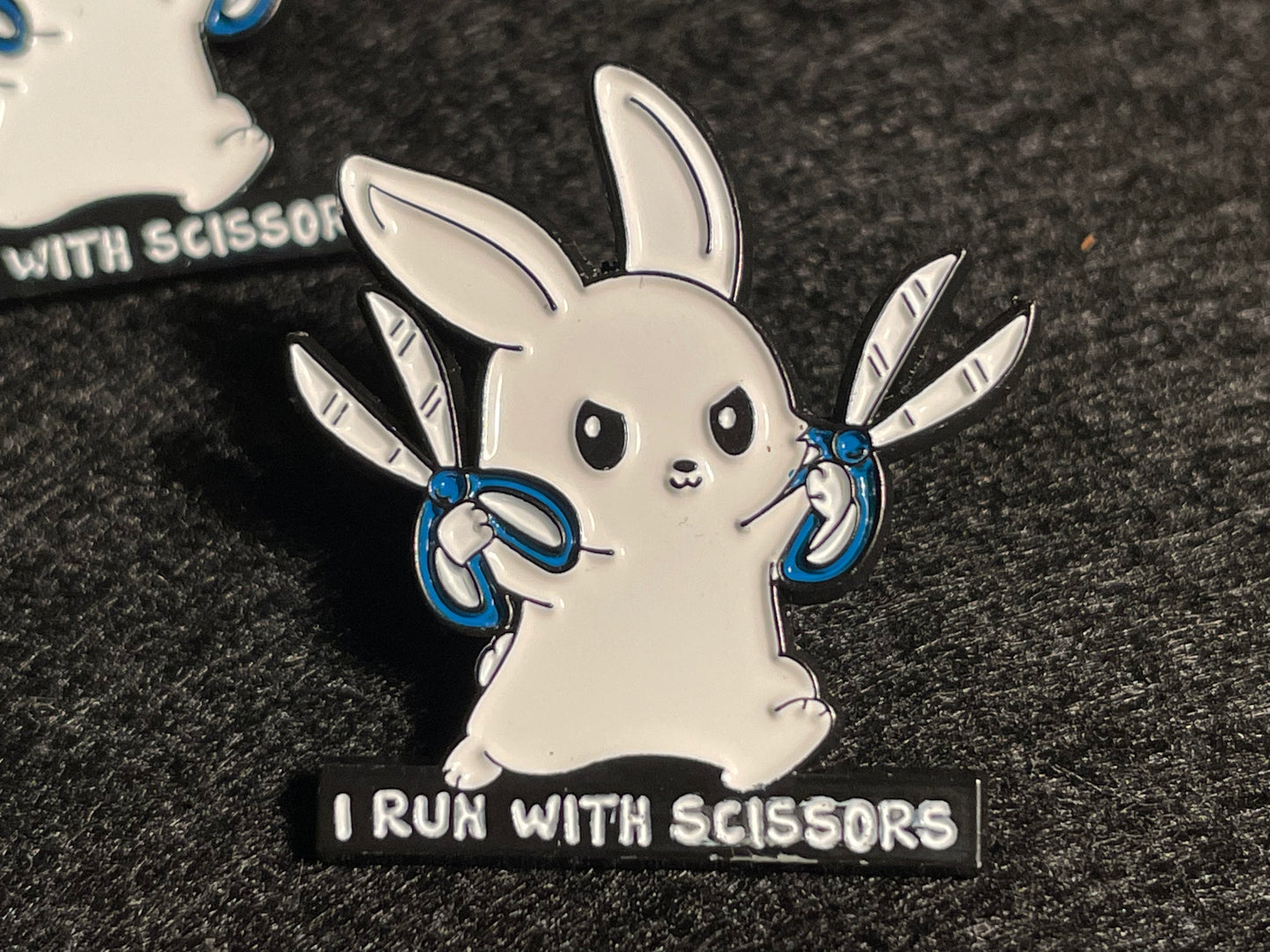 ‘I run with scissors’ Bunny Pin Badge