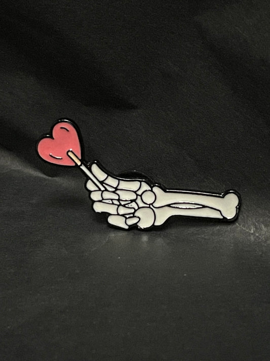 Skeleton Hand with Heart Pin Badge