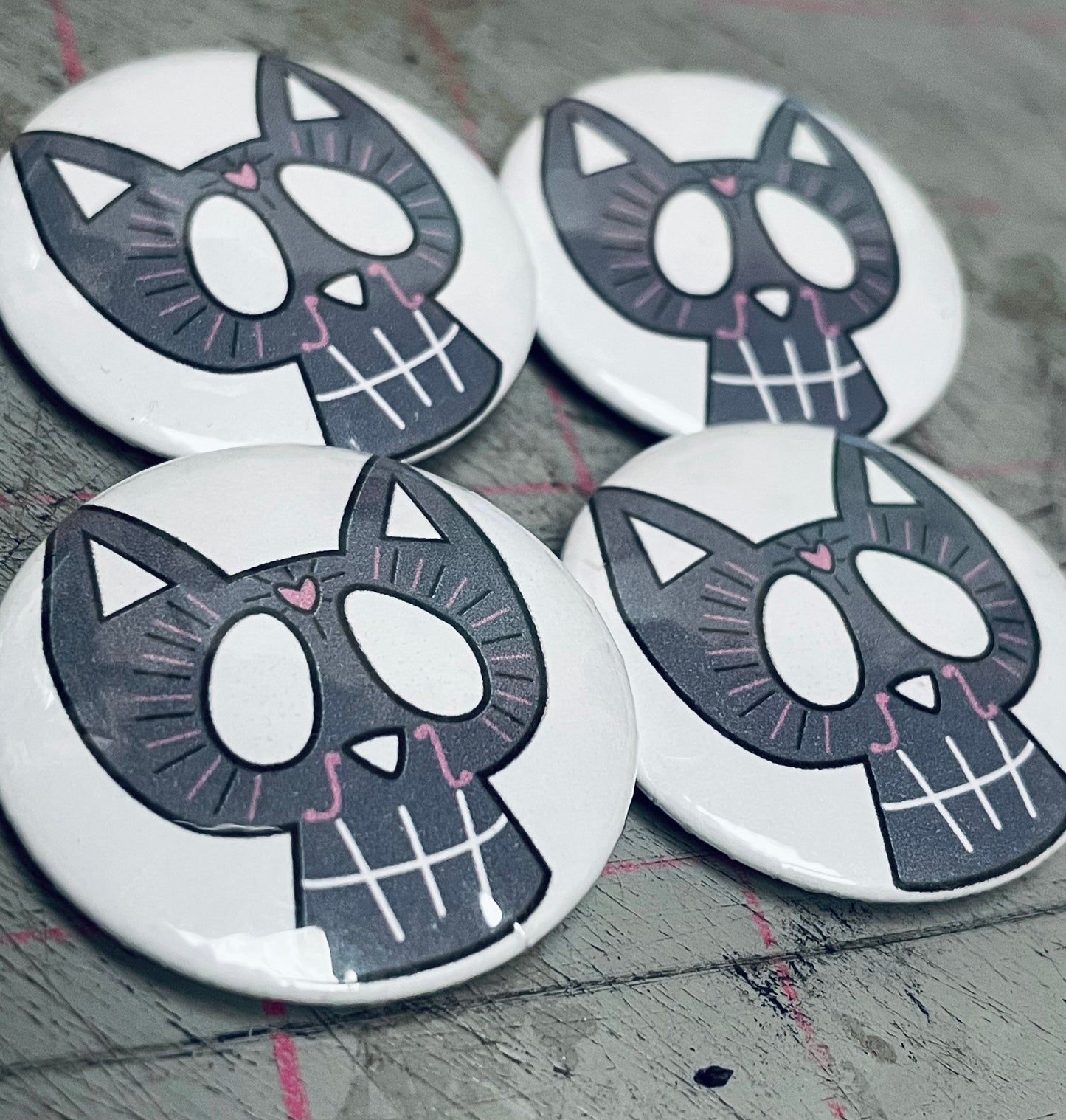 Grey Sugar Skull Cat Badge (32mm)