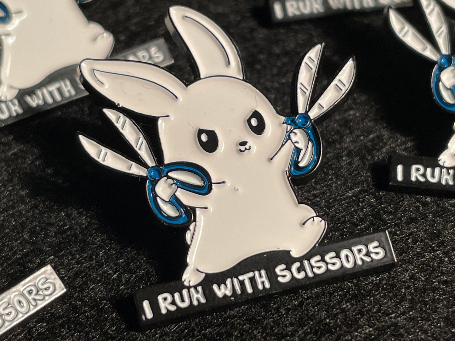 ‘I run with scissors’ Bunny Pin Badge